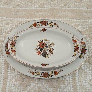 Set of 2 Vintage Czechoslovakian China Serving Dishes - Orange & Yellow Floral